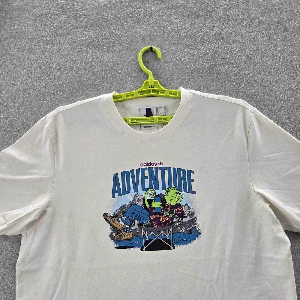 Adidas Men Shirt L White Graphic Print Adventure Camping Logo READ